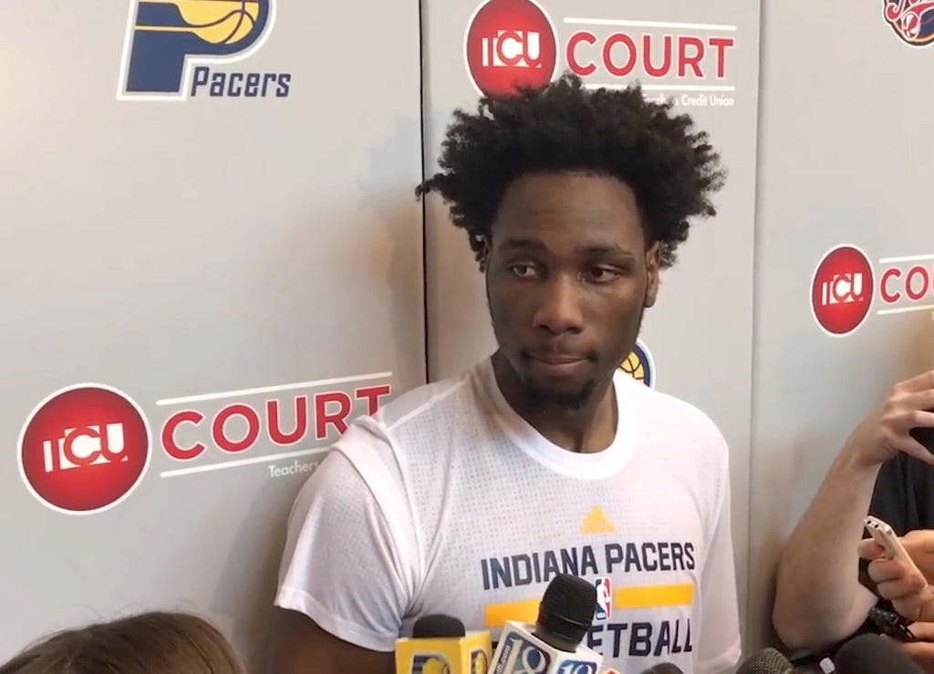Purdue's Caleb Swanigan speaks with local reporters after working out with the Pacers.
