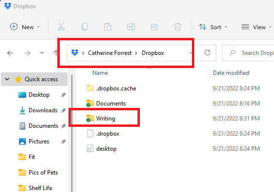 A screenshot of the DropBox desktop application window highlighting the file path and a folder named Writing.