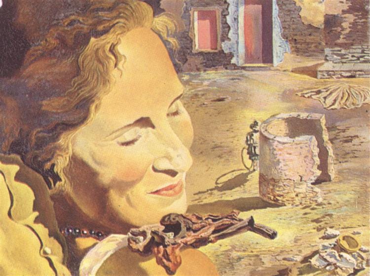 Portrait of Gala with Two Lamb Chops Balanced on Her Shoulder, 1933 -  Salvador Dali - WikiArt.org