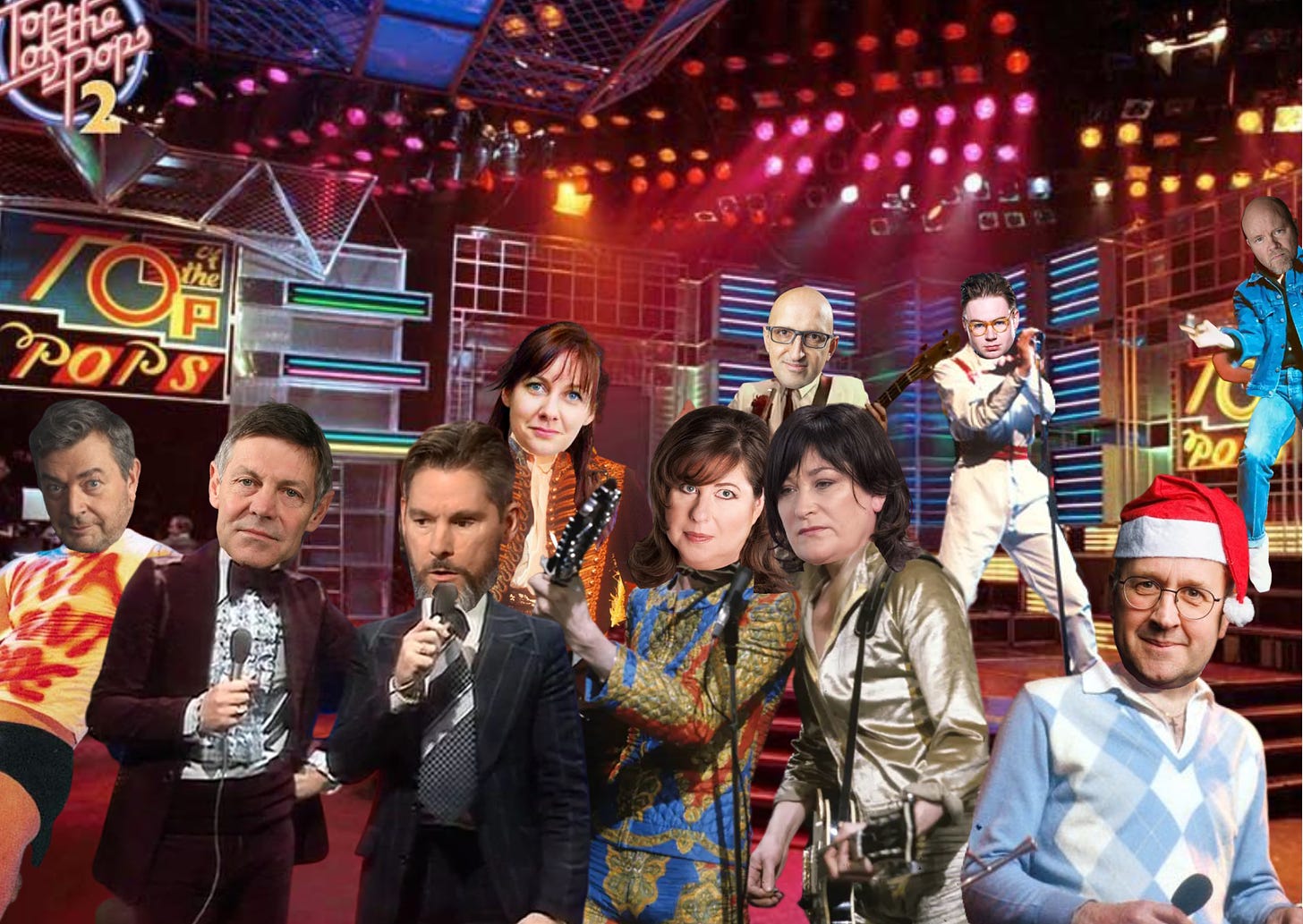 A Top of the Pops studio filled with columnists — including David Aaronovitch, Matthew Parris, Dan Hodges, Susie Boniface, Sarah Vine, Jan Moir, Matthew Syed, James Marriott, Christopher Hope and Toby Young.