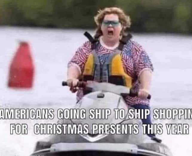 May be an image of 1 person and text that says 'AMERICANS GOING SHIP TO SHIP SHOPPI FOR CHRISTMAS PRESENTS THIS YEAR'