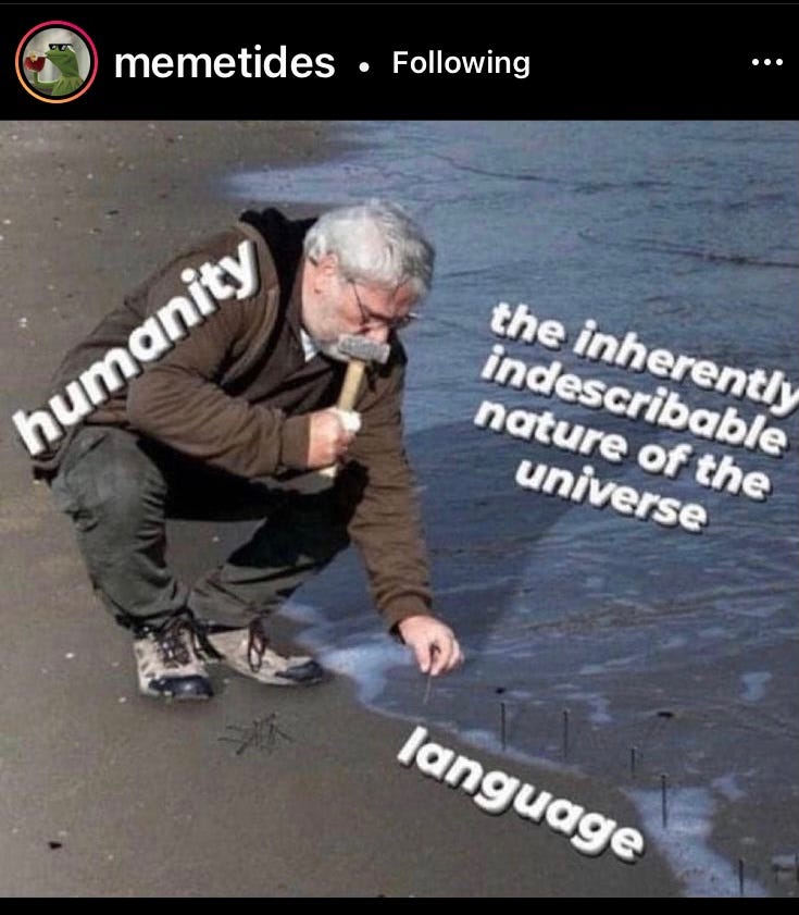 Meme depicting a santa clause type white man in a brown hoodie at the beach, hammering nails into the sand in an attempts to pin down a wave. Over him, the caption reads "humanity." Over the ocean, the caption reads "the inherently indescribable nature of the universe." Over the nails it reads "language."