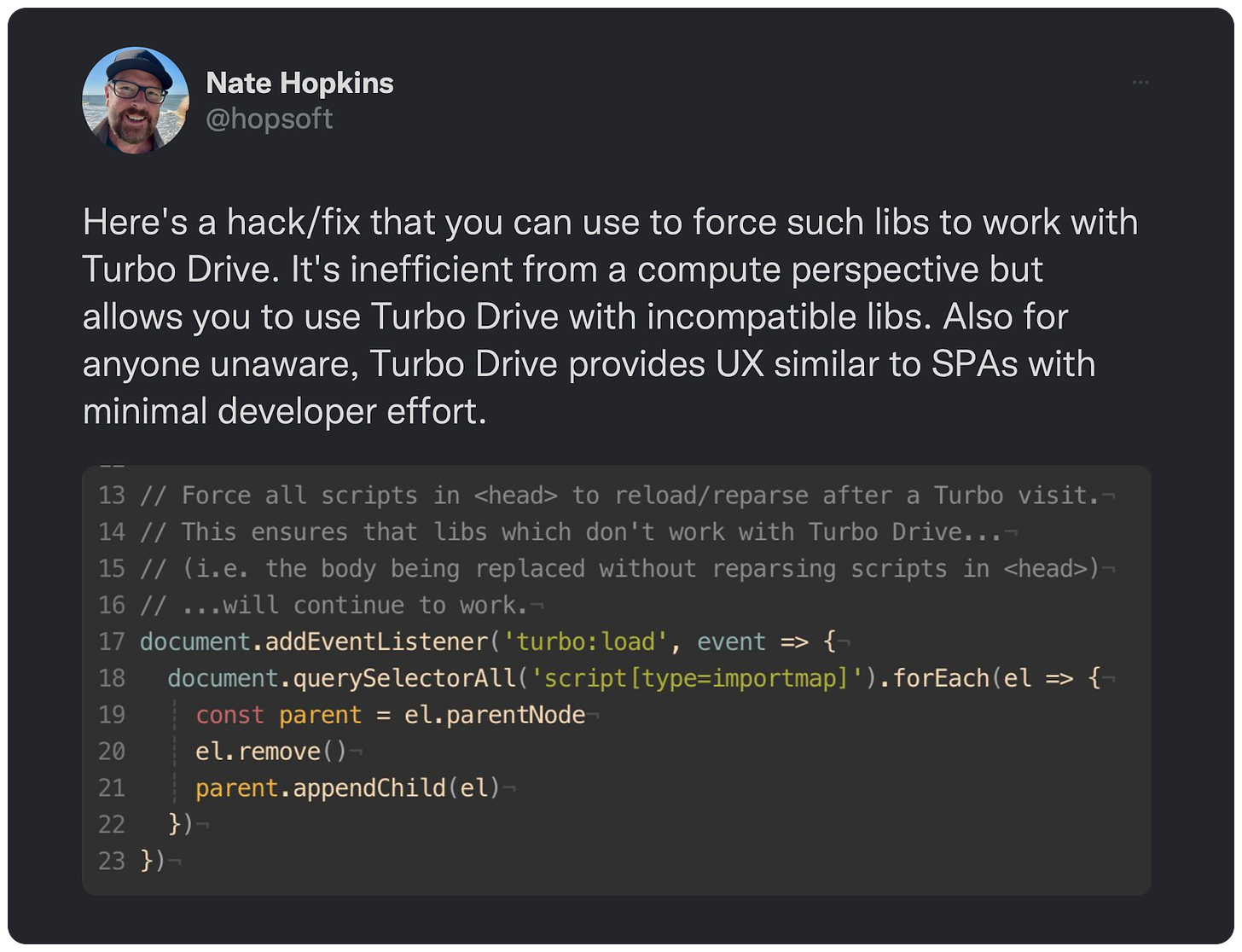 Here's a hack/fix that you can use to force such libs to work with Turbo Drive. It's inefficient from a compute perspective but allows you to use Turbo Drive with incompatible libs. Also for anyone unaware, Turbo Drive provides UX similar to SPAs with minimal developer effort.