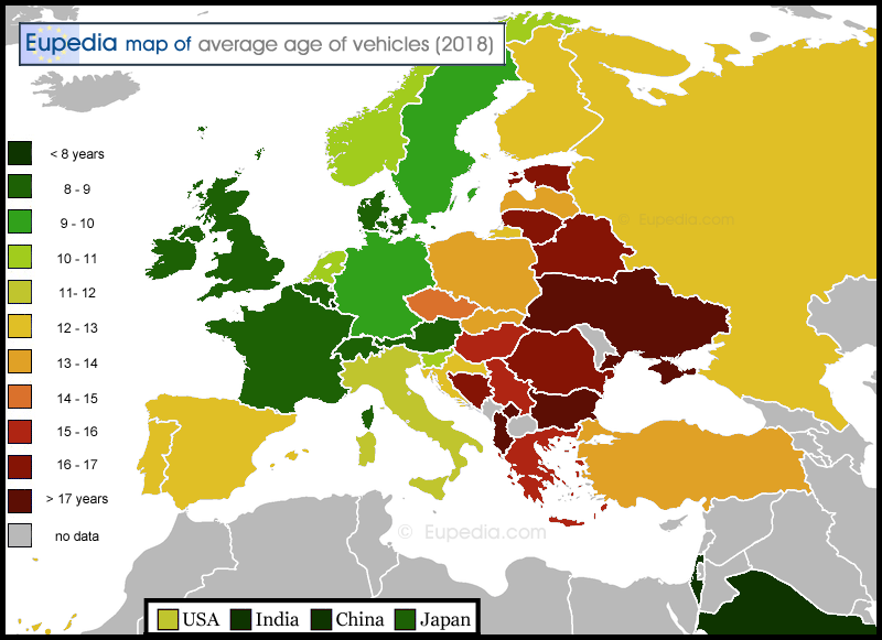 Map of age of cars by country in Europe