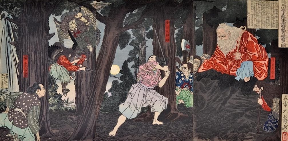 Yoshitoshi, Ushiwaka Maru learns Martial Arts from Sojobo, King of the Tengu, 1880