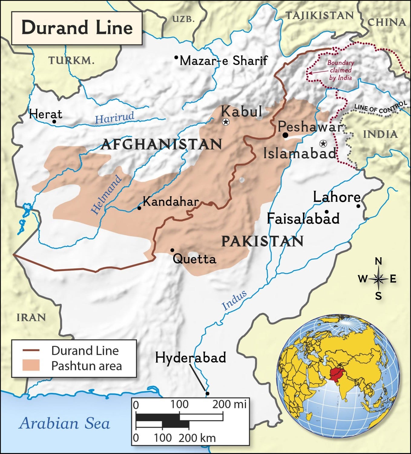 Map of Afghanistan and Pakistan showing the Durand Line that is the border between the states, as well as shaded area of the Pashtun people which is divided by this line.