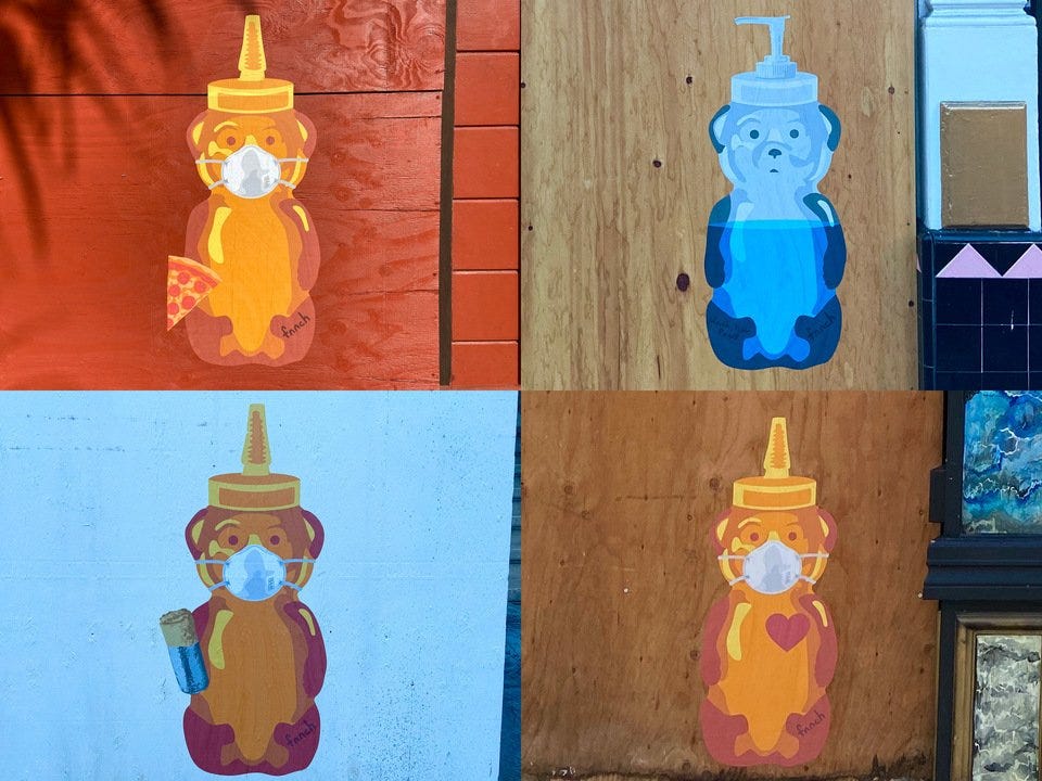 Street artist fnnch installs series of COVID-19-themed honey bear