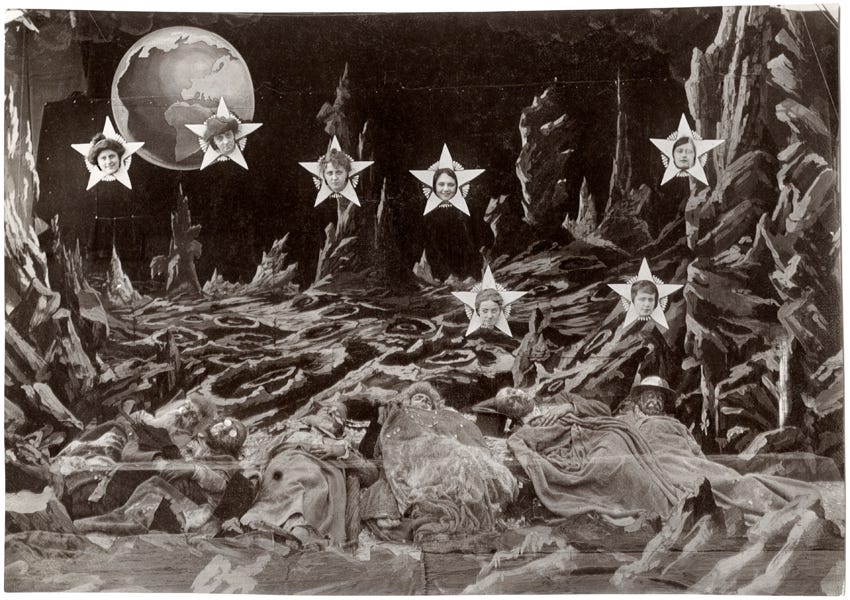 From “Le Voyage dans la Lune” (1902). The Big Dipper composed of stars with human faces in their centers. In the skyline behind them is Earth. 