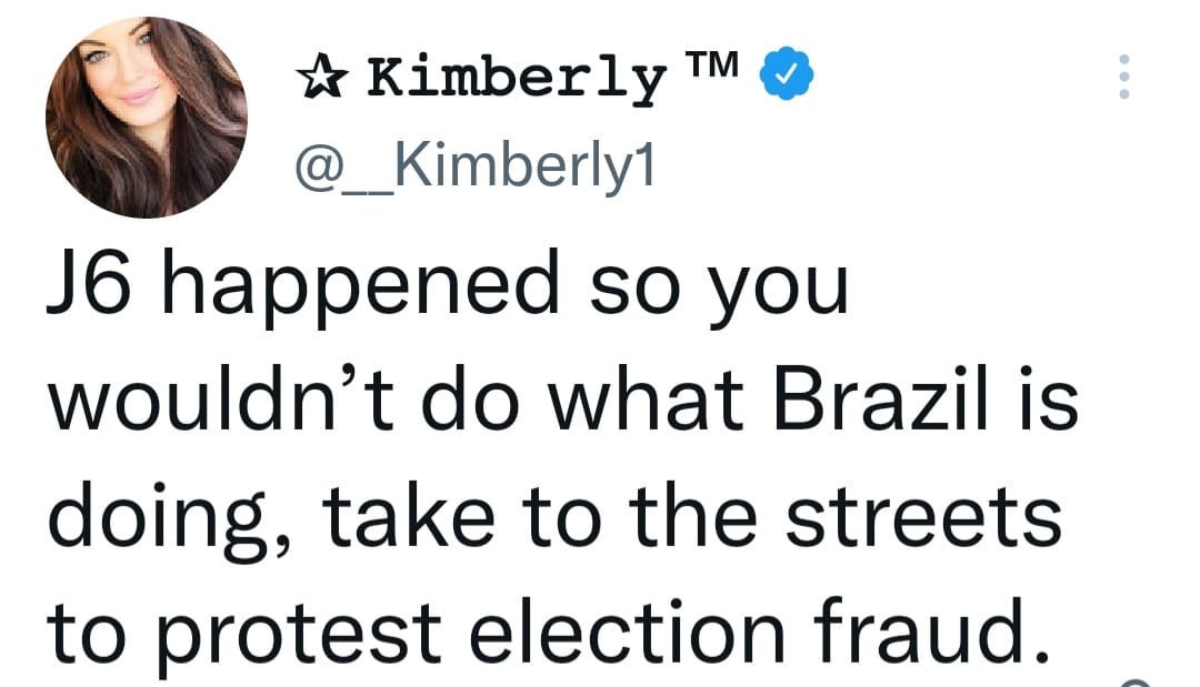 May be a Twitter screenshot of 1 person and text that says 'Kimberly TM @__Kimberly1 J6 happened so you wouldn't do what Brazil is doing, take to the streets to protest election fraud.'