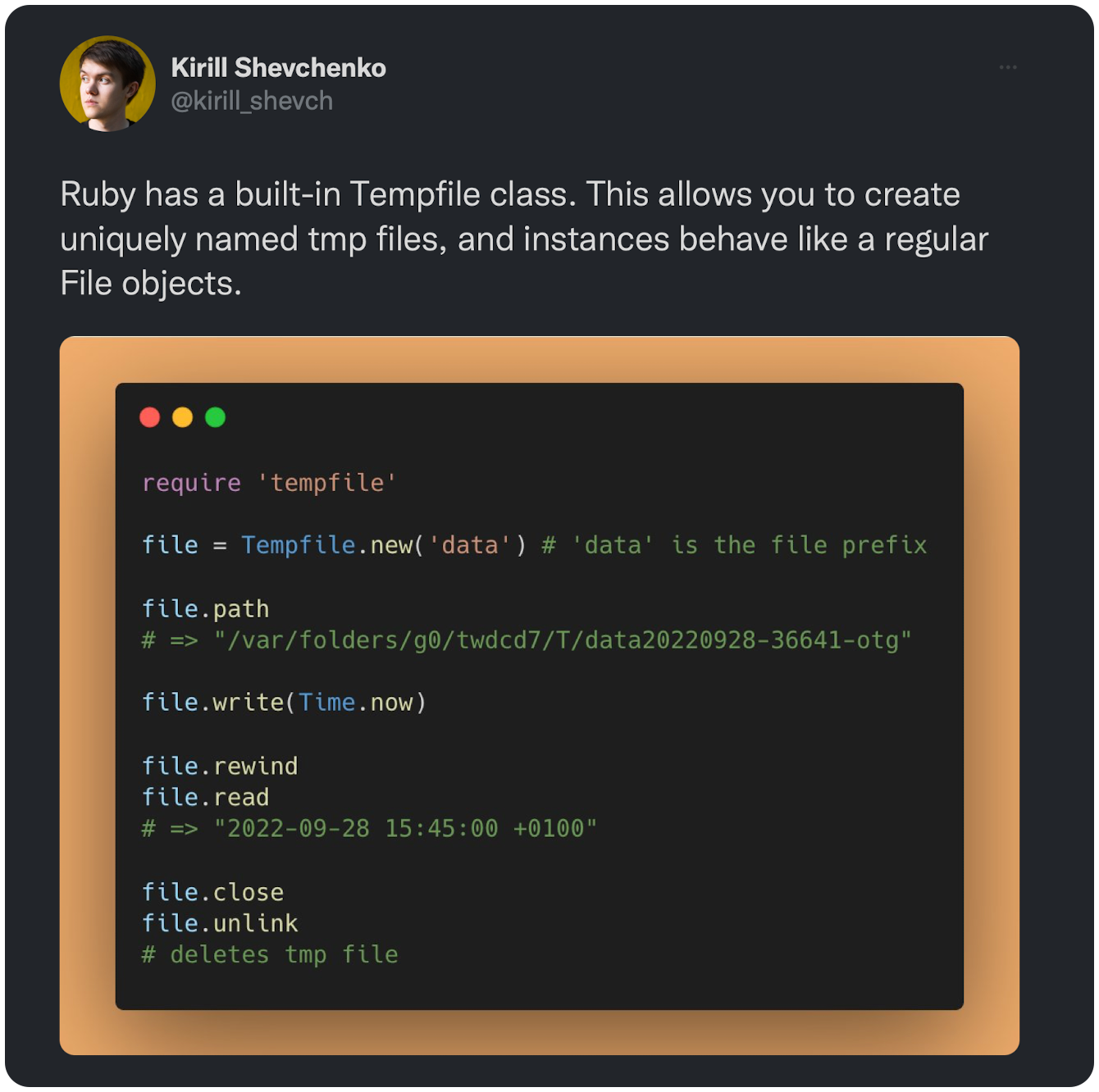 Ruby has a built-in Tempfile class. This allows you to create uniquely named tmp files, and instances behave like a regular File objects. 