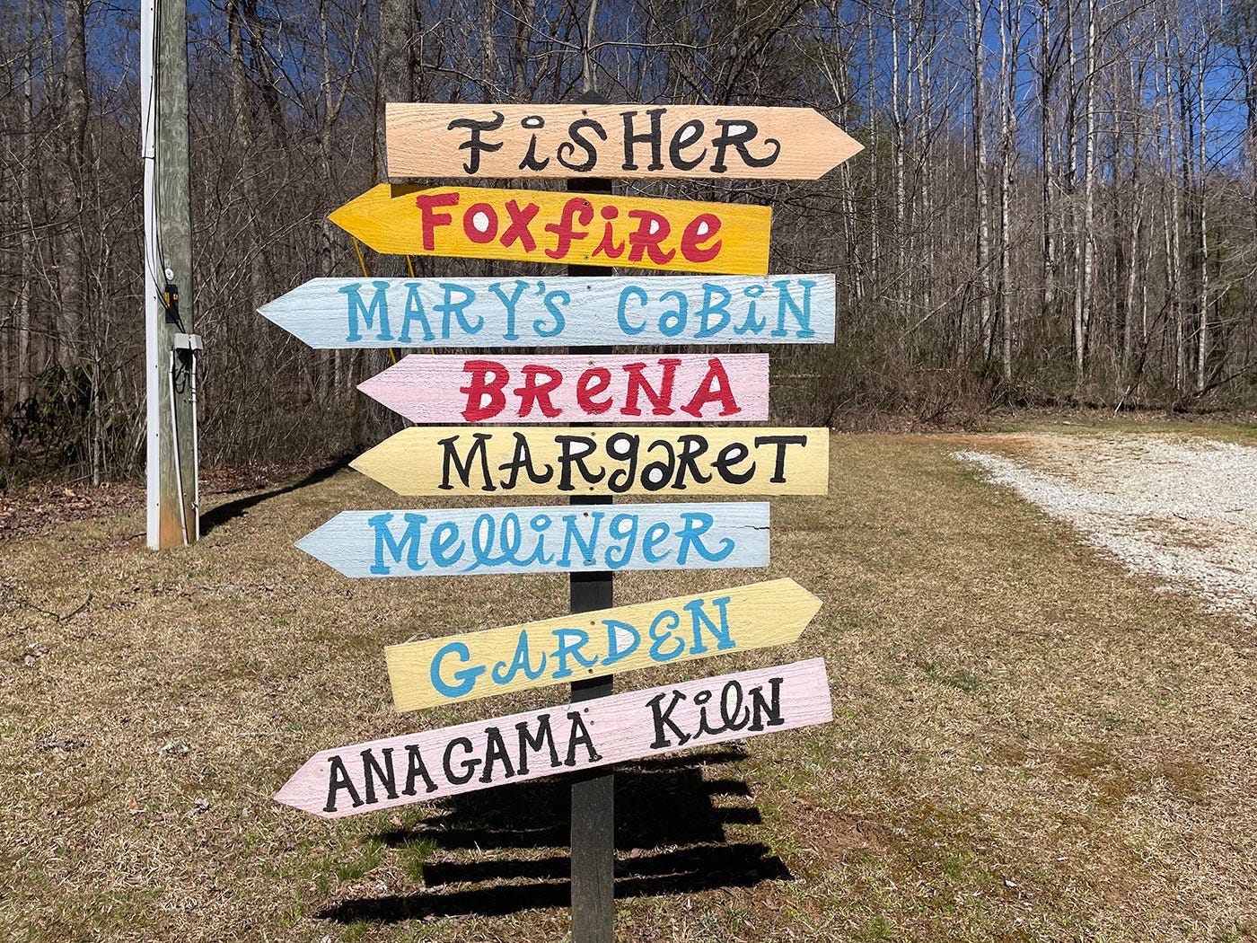 An image of signs leading up to the cabins at the Hambidge Center, an artist residency in Rabun Gap, GA