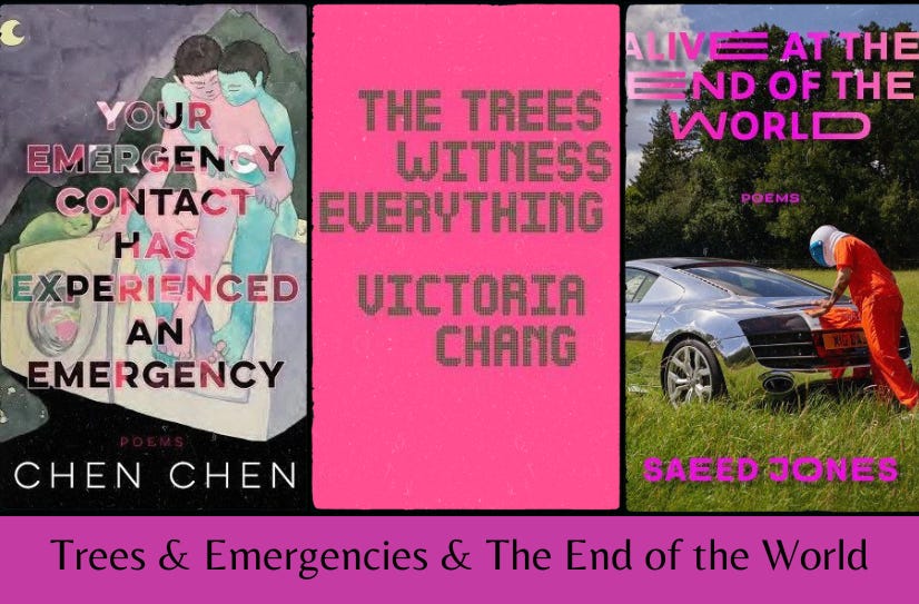 Small images of the three listed books above the text ‘Trees & Emergencies & The End of the World’ on a purple background.