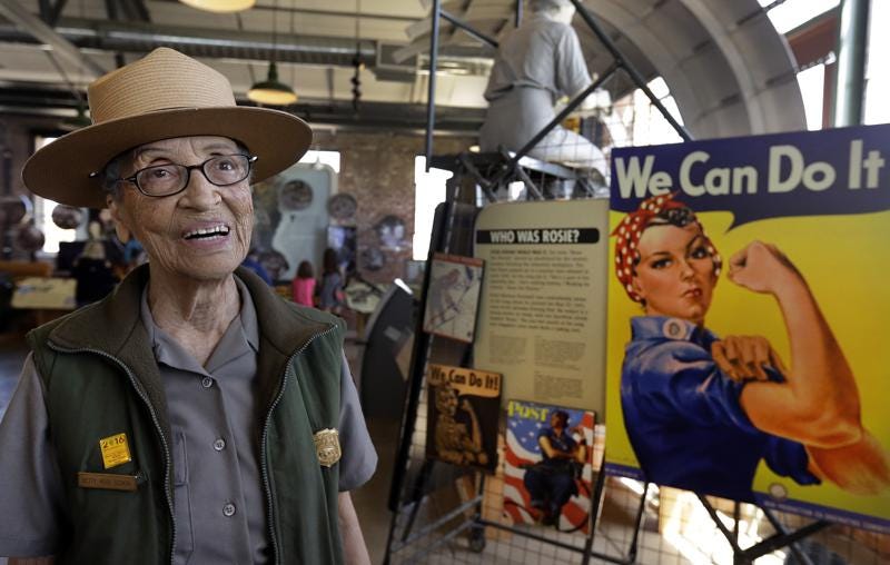 FILE - National Park Service Ranger Betty Reid Soskin smiles during an interview at Rosie the Riveter World War II Home Front National Historical Park in Richmond, Calif.,  July 12, 2016. Soskin, the nation's oldest active park ranger, is hanging up her smokey hat at the age of 100. She retired Thursday, March 31, 2022, after more than 15 years at the park, the National Park Service announced. Soskin "spent her last day providing an interpretive program to the public and visiting with coworkers," a Park Service statement said. (AP Photo/Ben Margot, File)