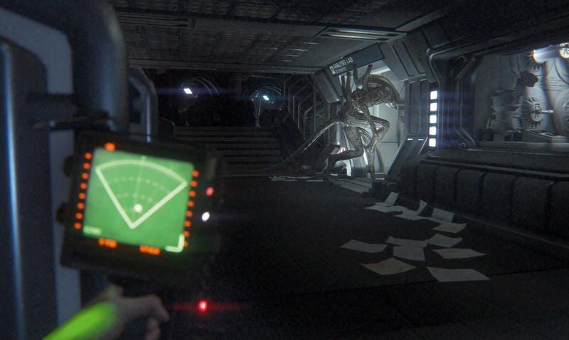 A locator device points from around a corner at an alien.