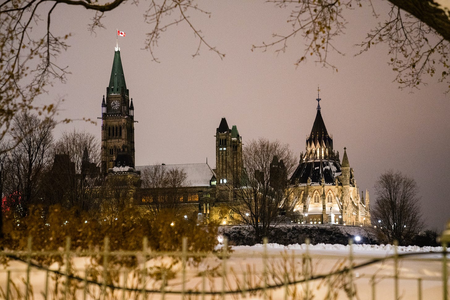 Parliament Hill seen from a distance, framed by trees with snow in the foreground and the Peace Tower and Library of Parliament in the distance.
