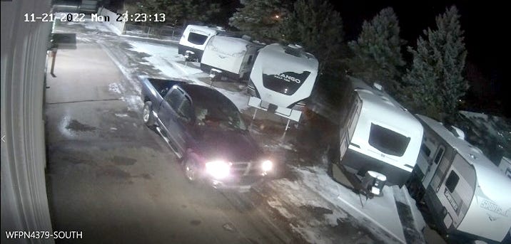 The Marathon County Crime Stoppers need help to locate the vehicle and person in this picture who are suspected of stealing a trailer from King's Campers in Rib Mountain. The report is covered in The Wausau Sentinel.