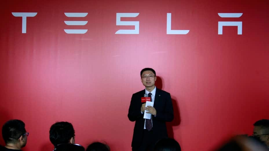 Tom Zhu Xiaotong, Tesla's current executive in charge of China, speaks as a new Tesla experience store opens near West Lake on August 18, 2015 in Hangzhou, Zhejiang Province of China. Tesla has opened two service centers in Hangzhou City and the first store set in Binjiang District. It's said that the sales of Tesla in Hangzhou City ranked in the top five of its sales in Asian-Pacific region.