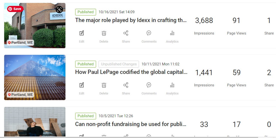 Newsbreak stats The major role played by Idexx  3688 Impressions   91 Views How Paul LePage codified the global capitalist world order into the Maine statutes 1441 Impressions   59 Views Can non-profit fundraising be used for public education post the enactment of Maine's Industrial Partnerships Act? 33 Impressions   17 Views