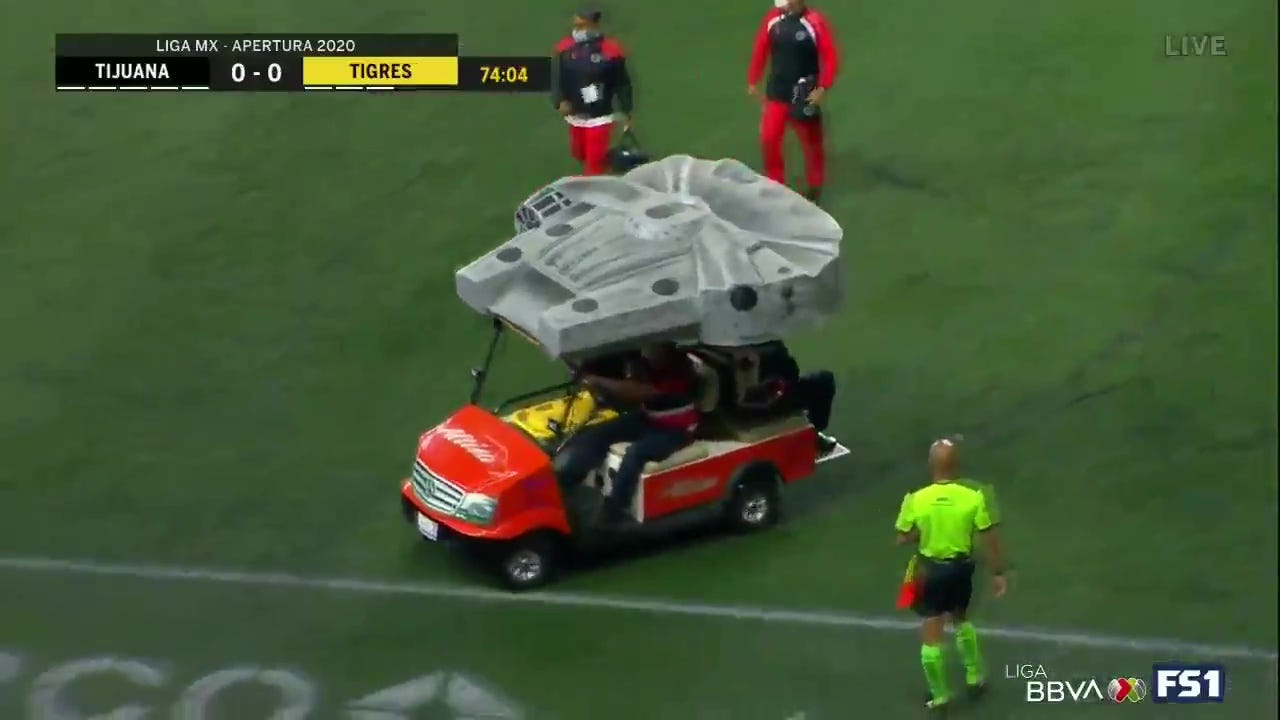 Millennium Falcon flies injured players off pitch as Mexican club Xolos put Star  Wars spaceship on roof of golf cart