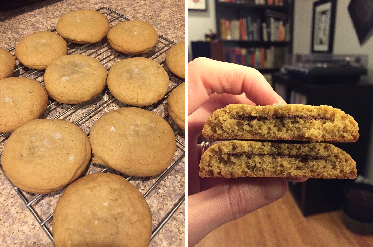 Left image: light brown cookies dusted with large flakes of salt rest on a cooling rack. Right image:  two halves of one of the cookies, stacked on top of each other with the insides facing, held in my hand. A thin stripe of chocolate is visible at the centre of each half.