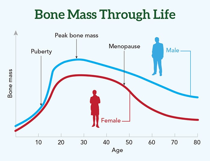 a graph showing bone mass through life
