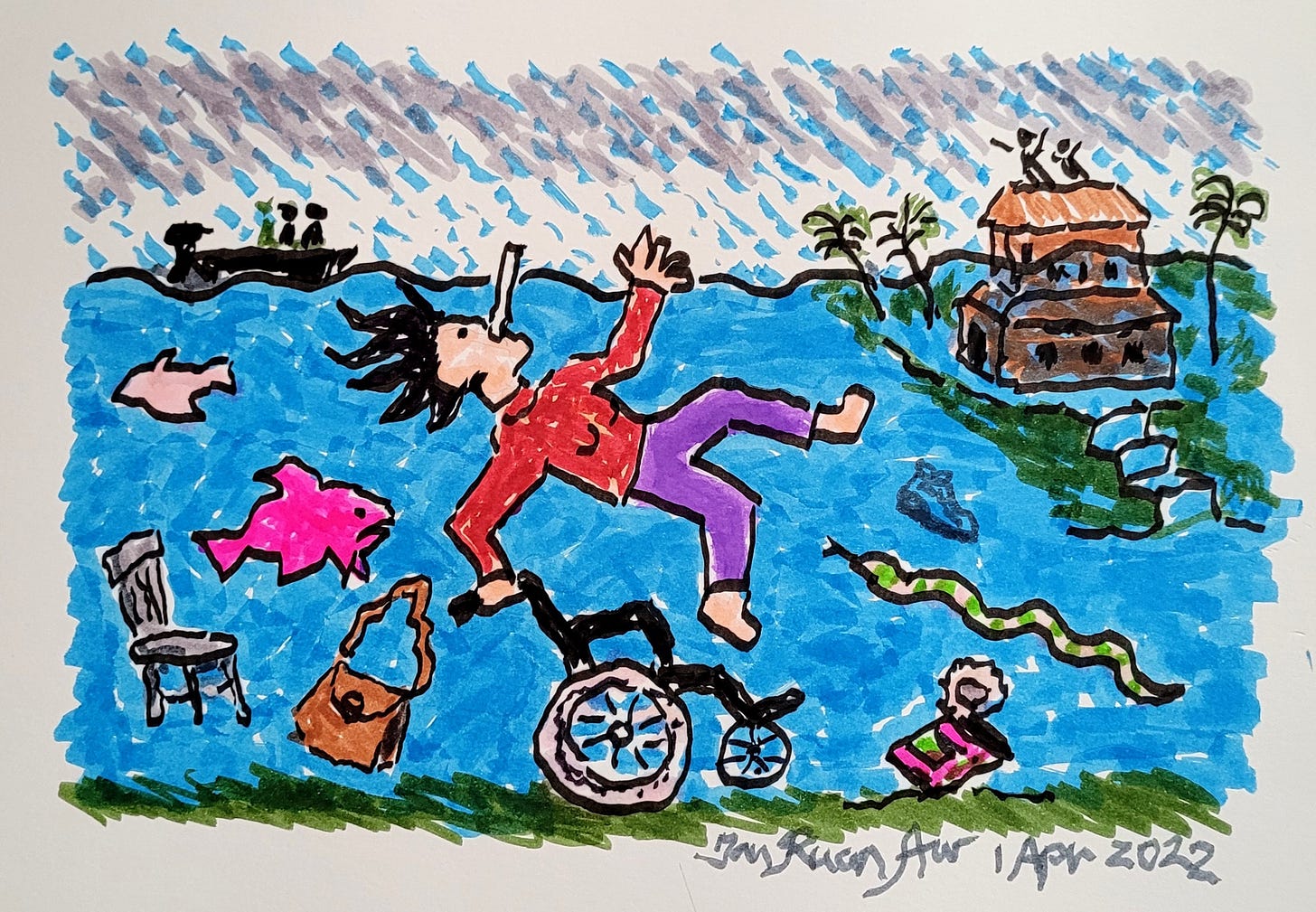 Image of a watercolour artistic representation of a disabled woman with pale skin in a flood scene: heavy blue rain against grey clouds, over deep water. In the centre, a woman is underwater with their hand reaching above the surface. Arms and legs spread out, she has black spiky hair, and her other hand holds onto a wheelchair at the bottom of the sea. Above water there is a two-story wooden house with small figures waving for help on top; steps lead up to the house. On the water there is a small boat with figures in, and in the sea there are also fishes, a snake, a can, handbag and wooden chair. Signed by Tan Kuan Aw, 1st April 2022.