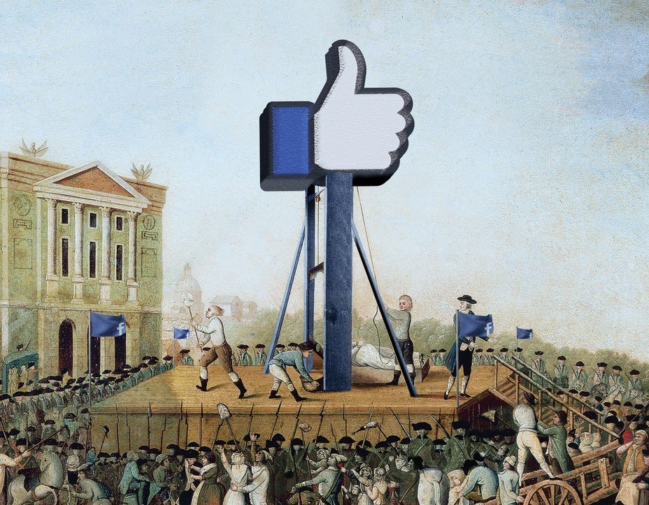 Illustration of 18th-century gallows platform crowned by giant Facebook "like" thumbs-up logo and surrounded by a crowd