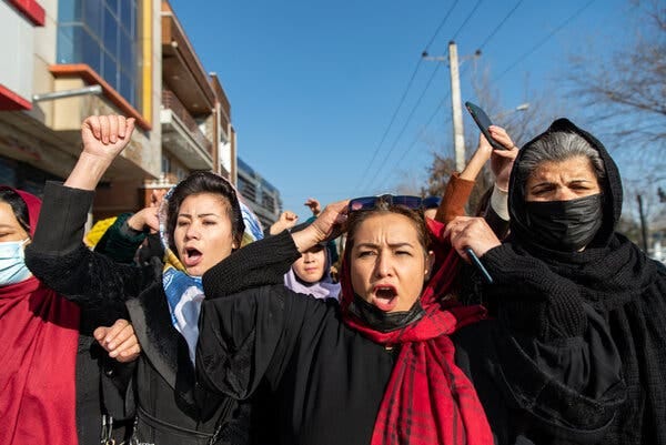 A rally on Thursday in Kabul, Afghanistan, to protest the Taliban rule barring women from attending universities.