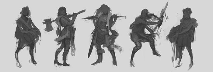 Somewhat detailed but otherwise sketchy piece of 5 different people holding different weapons in certain poses. The faces are smudged and hidden while things like weapons, poses, and armor are more detailed.