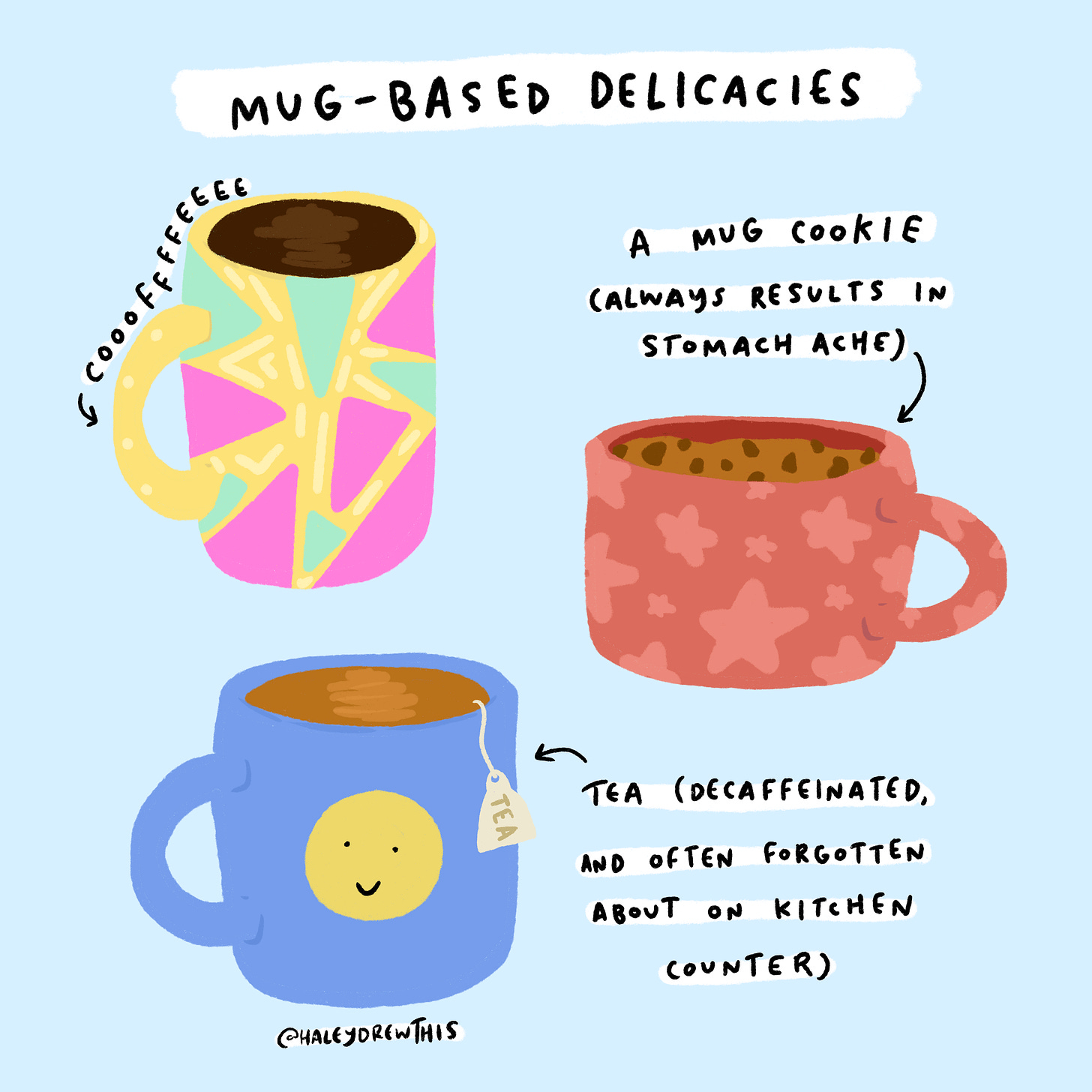 illustration of coffee mug, mug with cookie in it, and a mug of tea