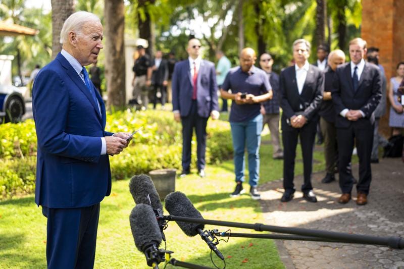 President Joe Biden talks talks to reporters after a meeting of G7 and NATO leaders in Bali, Indonesia, Wednesday, Nov. 16, 2022. (Doug Mills/The New York Times via AP, Pool)