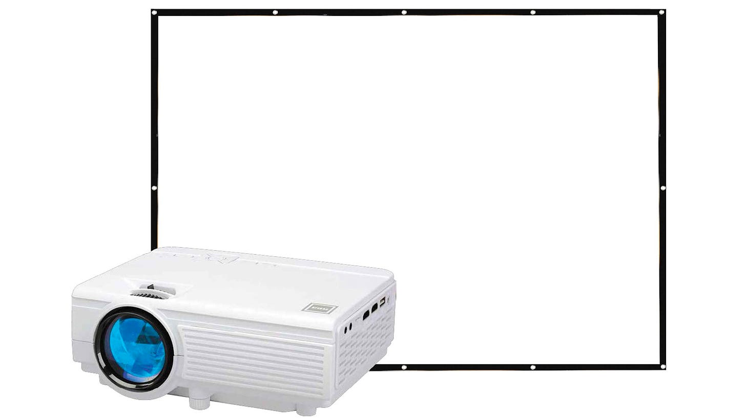 RCA projector in front of a folding screen on a white background