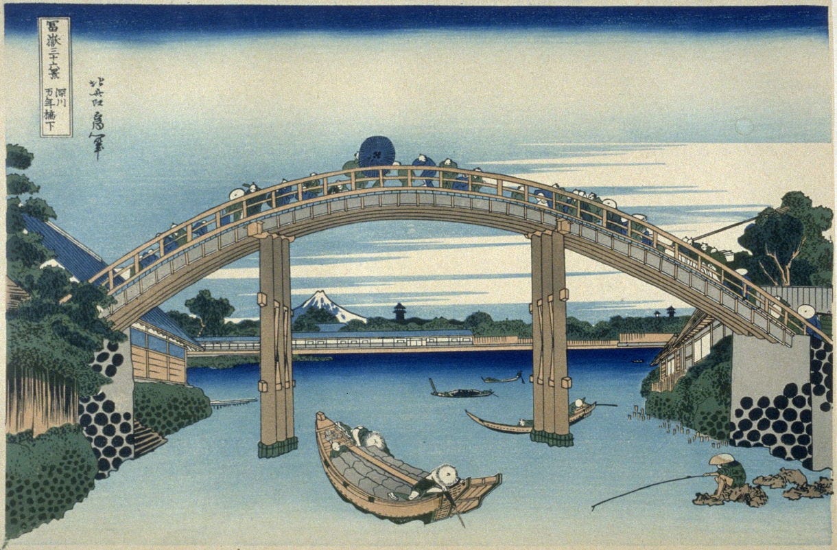 Katsushika Hokusai: Under Mannen Bridge at Fukagawa (Fukagawa Mannen-bashi  no shita), from the series Thirty-six Views of Mount Fuji (Fugaku  sanjûrokkei), Late Edo period, circa 1829-1833 - Harvard Art Museum -  Ukiyo-e