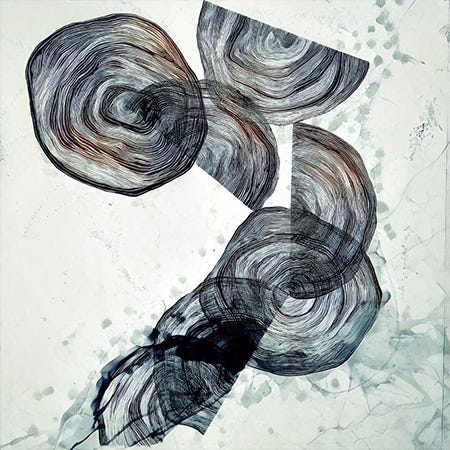 abstract black and white painting by Miju Han titled “and sometimes the portals collapse”