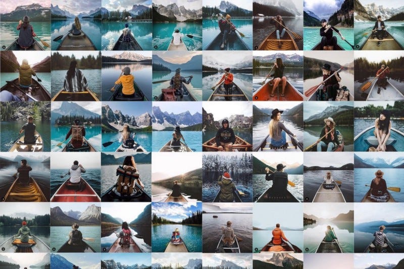 Series of small images that feature similar photos of people in boats on mountain lakes
