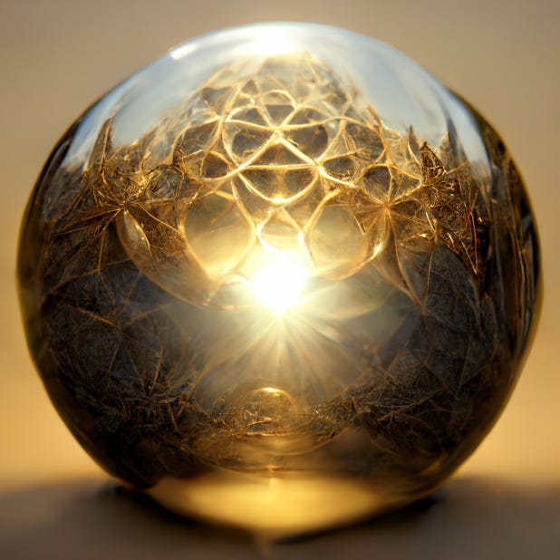 glass-like sphere with a golden light in the center, surrounded by a golden filigree, abstract design, midjourney ai art