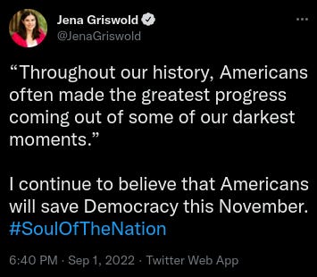 Jena Griswold is a Bidenist #SoulOfTheNation hack.