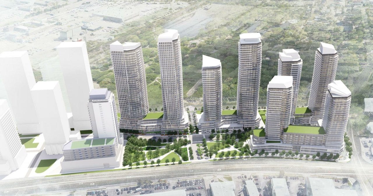 Developer's rendering of complex with 8 towers, plus a park.