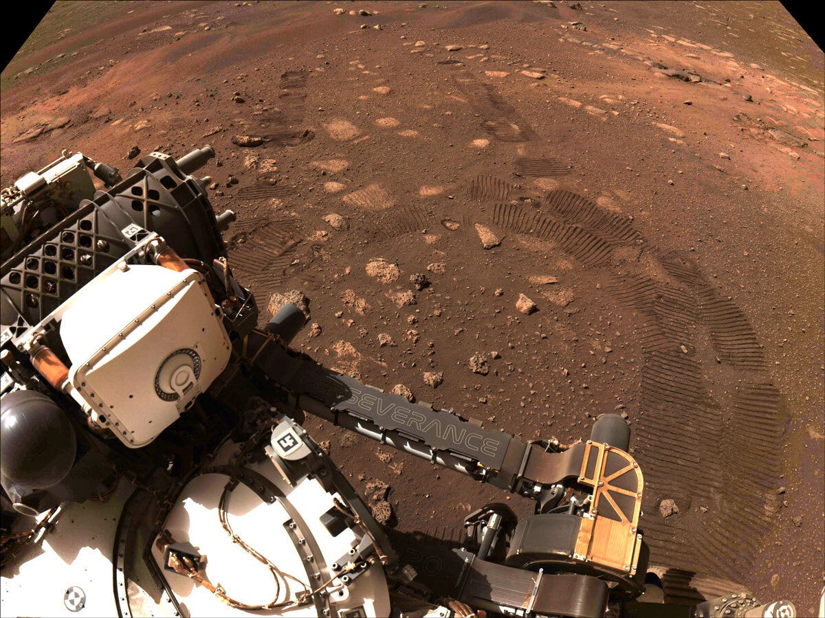 This image was taken during the first drive of NASA’s Perseverance rover on Mars on March 4, 2021. Perseverance landed on Feb. 18, 2021, and the team has been spending the weeks since landing checking out the rover to prepare for surface operations.