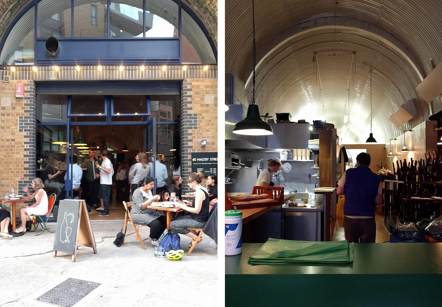 Two photos of 40 Maltby Street. On the left, taken on 11 July 2019. The view is from outside the restaurant. There are three tables with pairs of diners eating outside. In the open glass doors, two women are standing waiting for a seat, while two men are visible standing with glasses of wine in their hands at the bar. Through the open doorway, it’s clear that the restaurant is full. On the right, taken on 19 March 2020. The view is from inside the restaurant. In the foreground, there is a green service counter for fulfilling orders with a stack of green wrapping tissue on it. In the back left, a chef in whites is working at a kitchen station. A person in a blue vest is walking away from the camera toward to the back of the restaurant where chairs are stacked.