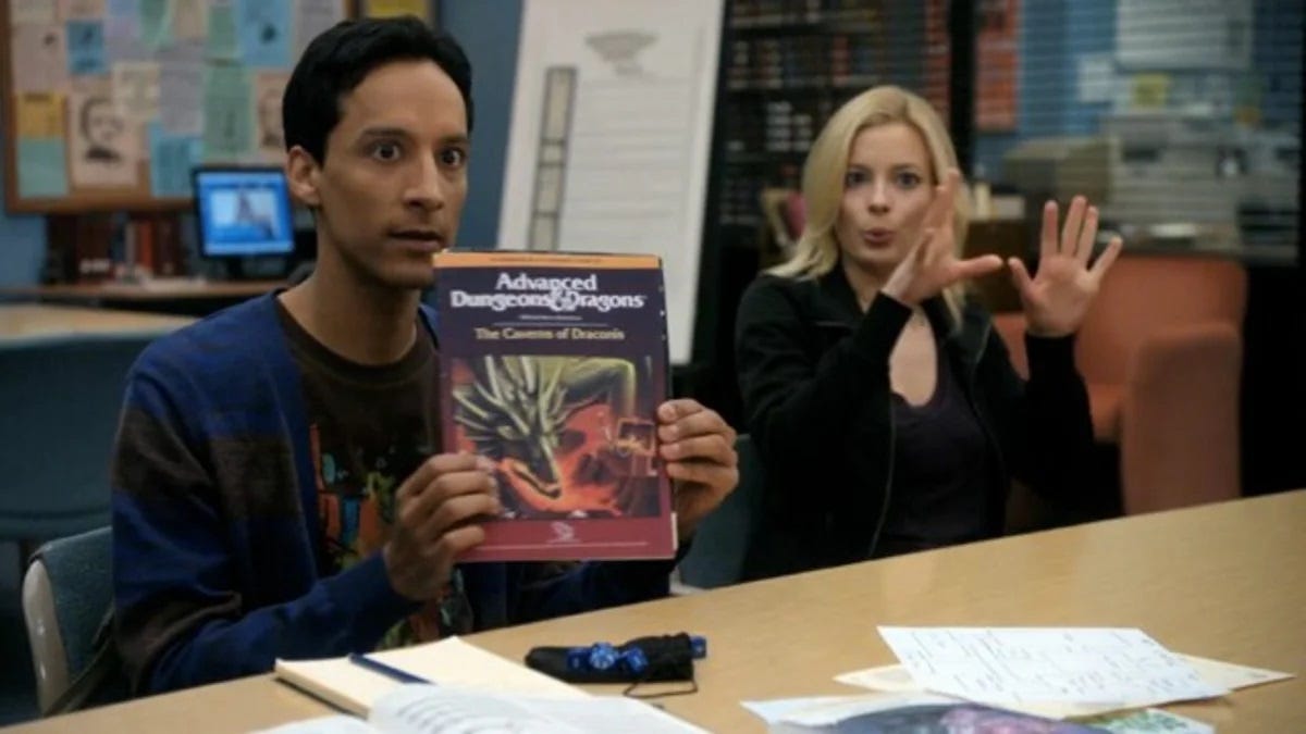 Abed showcasing the module for the DND campaign they are about to embark on.