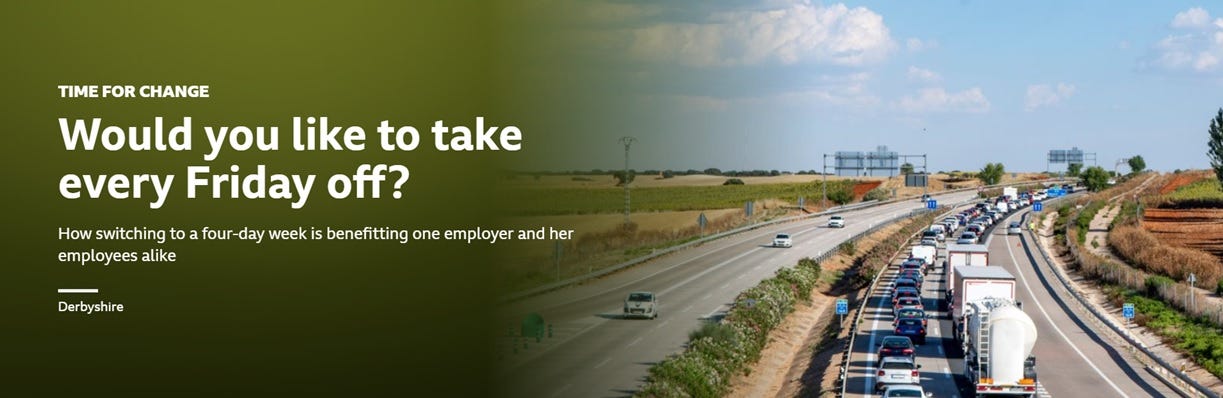 link to a bbc article asking if you would like every friday off, with a picture of a traffic jam on a motorway