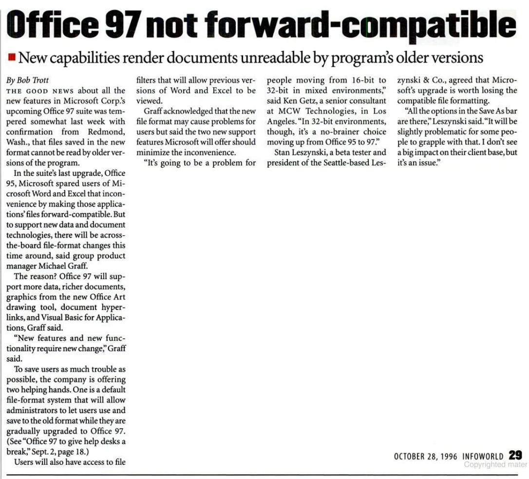 InfoWorld headline "Office 97 Not Forward Compatible