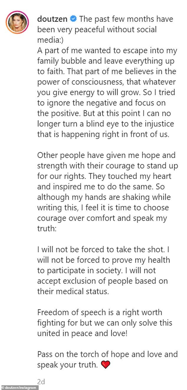 Kroes's full Instagram post on Friday where she said she won't be forced to get the COVID-19 vaccine