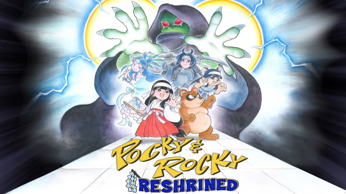 Promotional art for Pocky & Rocky Reshrined, featuring the playable characters and the antagonist, Black Mantle.