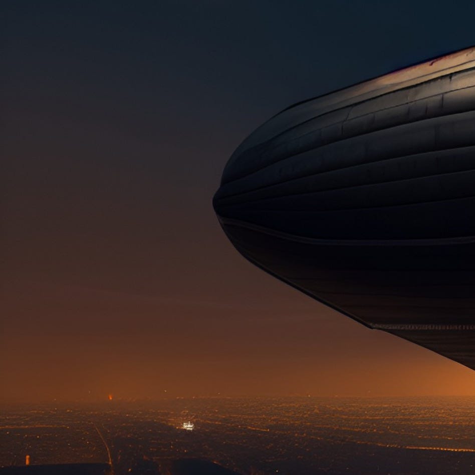 Dark airship hovering over a city at night.