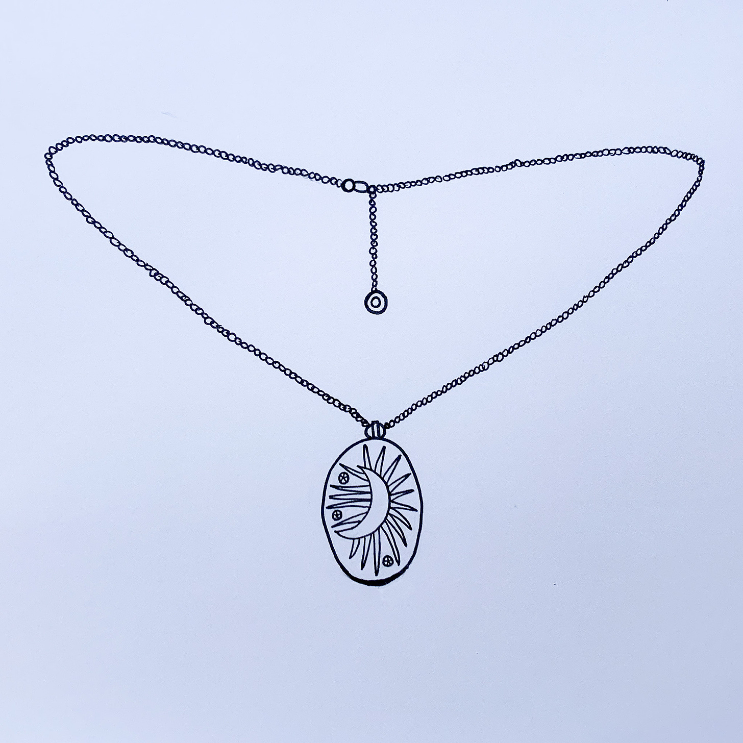 Black and white line drawing of chain necklace with a pendant that has a starburst behind a moon and three small crystal stars