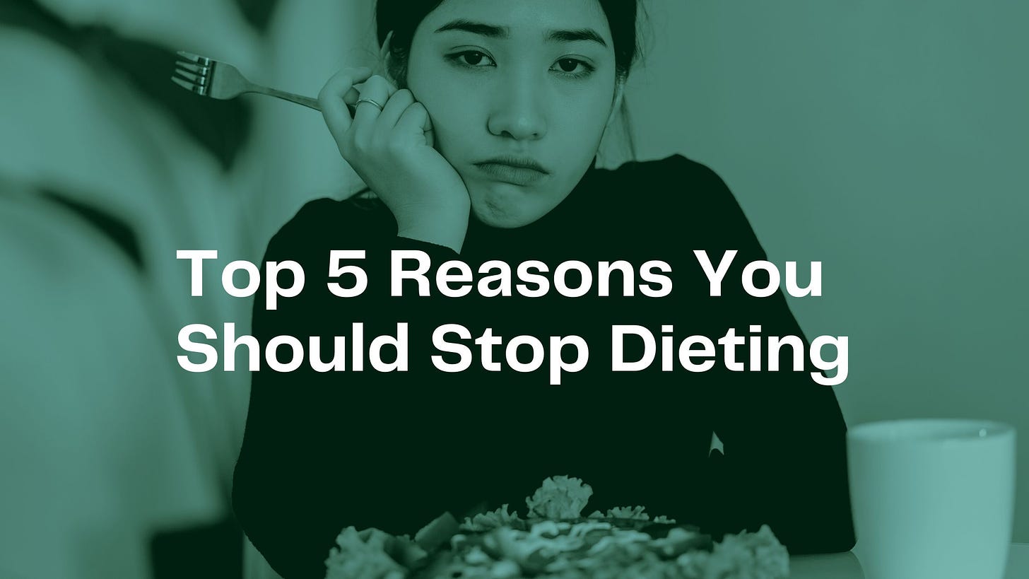 Sad femme with dark hair and olive skin holding a fork behind text that reads top 5 reasons you should stop dieting