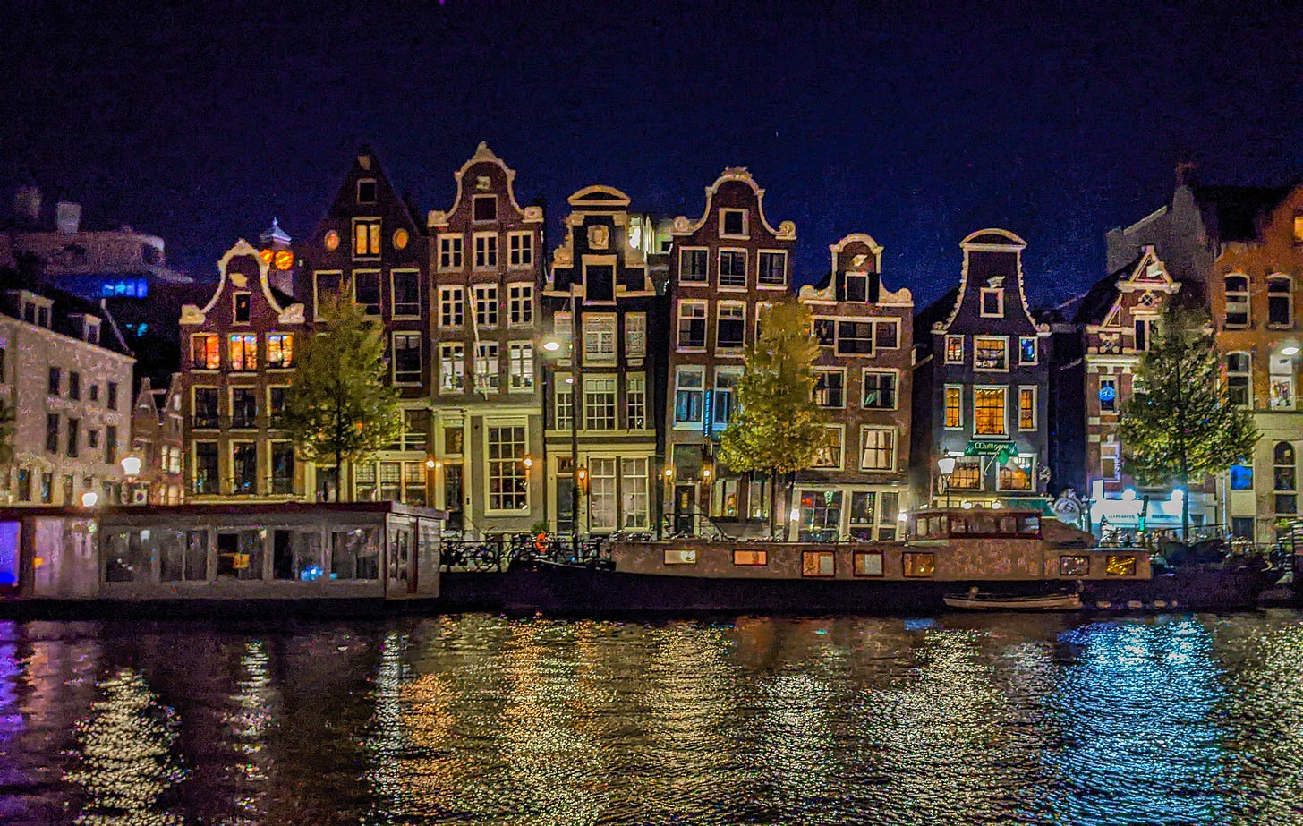 Amsterdam's drunken sisters, six tilted houses leaning against each other. 