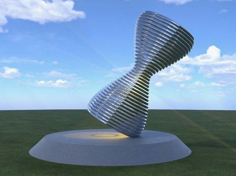 A rendering of a 9-foot hourglass sculpture called "Sands of Time"